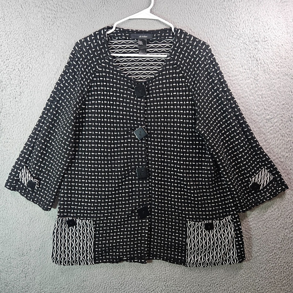 Ali Miles Tunic Top Blouse Women Large Stretch Square Button Black White - Flaw